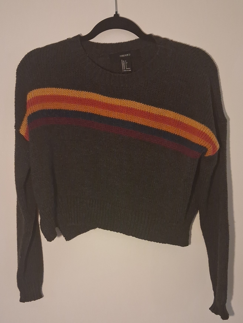 Forever 21 Charcoal Knit Sweater with Rainbow Stripe